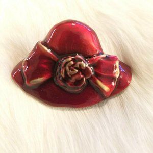 Vintage Camco Red Hat Brooch Pewter Enamel Art Deco Bow‎ Flower Victorian 2196